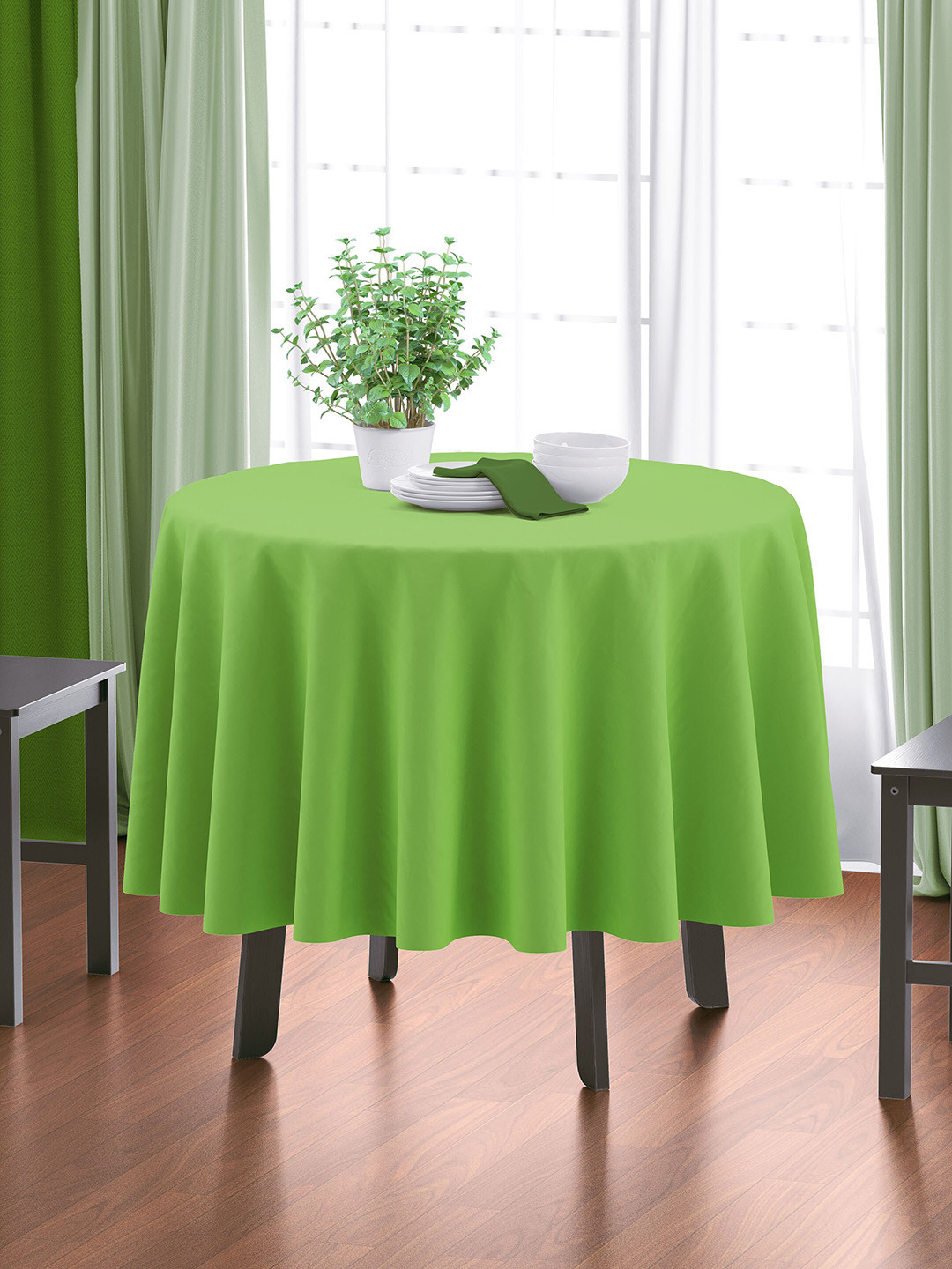 HOME COLORS.IN Green Cotton 4 Seater Round Table Cover