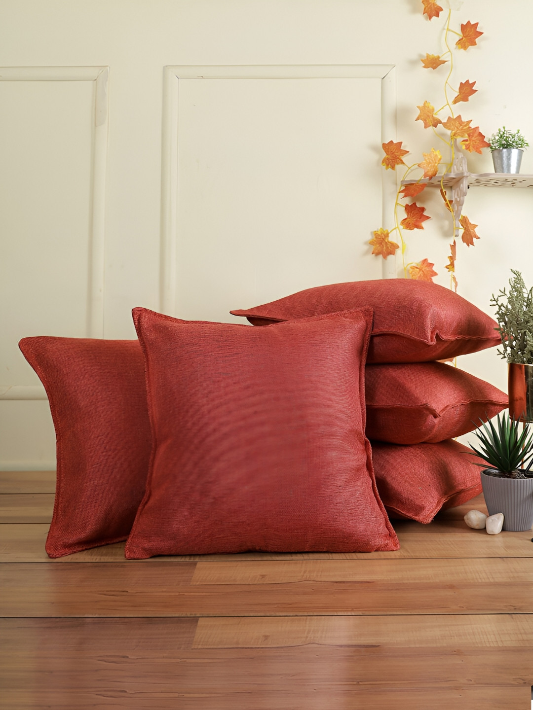 THE CONVERSION Orange Jute Durable 5 Piece Square Cushion Covers - 16 x 16 Inches