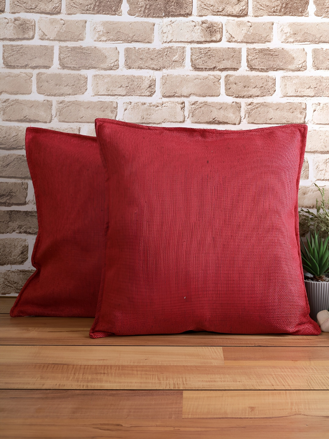 THE CONVERSION Maroon Jute Durable 2 Piece Square Cushion Covers - 24 x 24 Inches