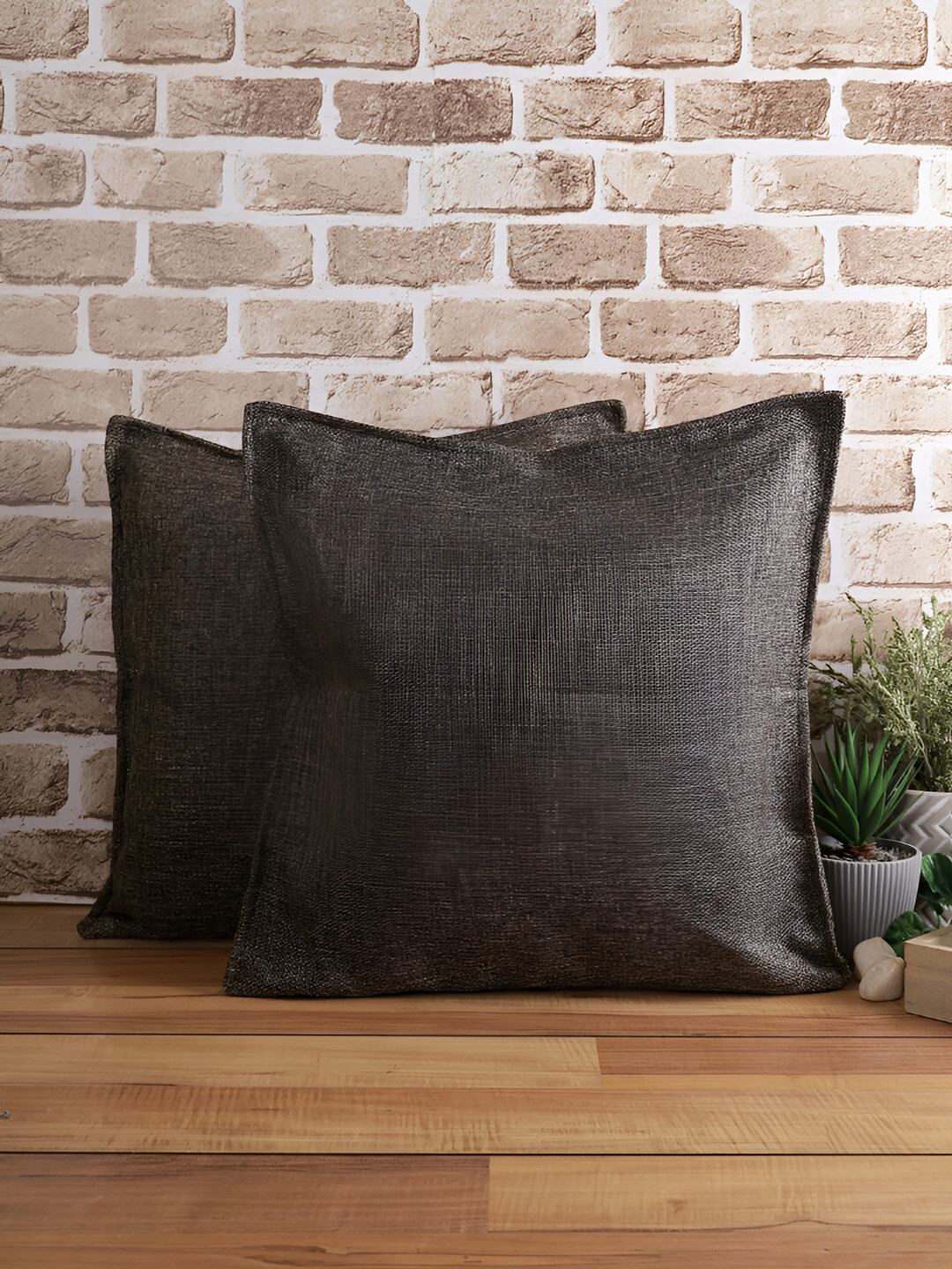 THE CONVERSION Coffee Brown Jute Breathable 2 Pcs Textured Square Cushion Covers -24x24In