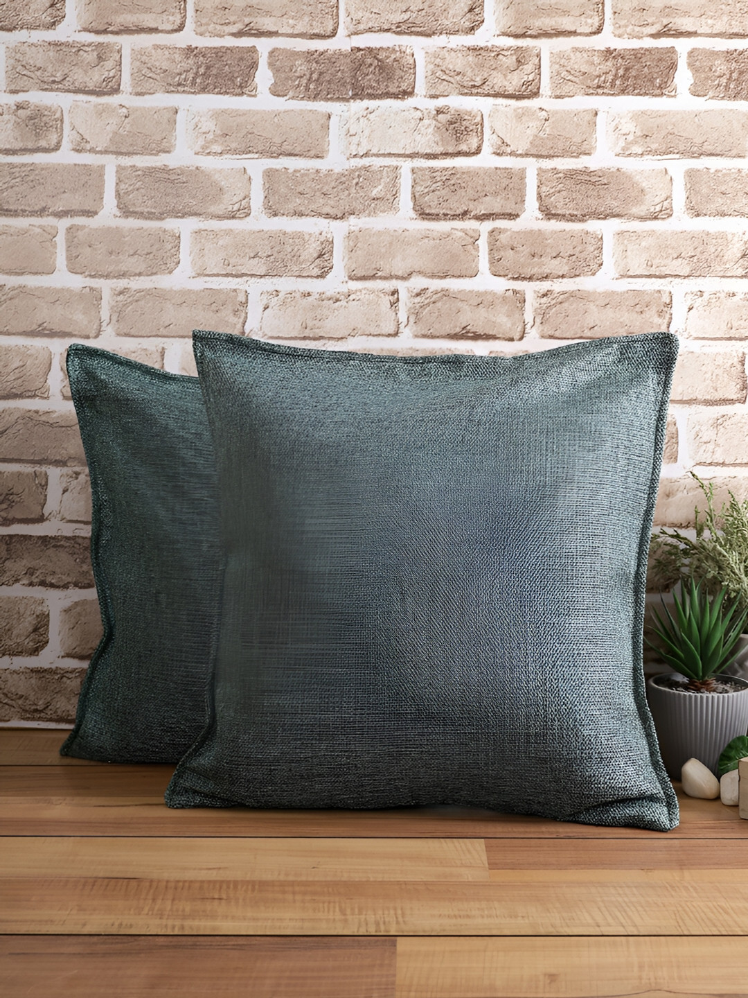 THE CONVERSION Sea Green Jute Durable 2 Piece Textured Square Cushion Covers -18x18In