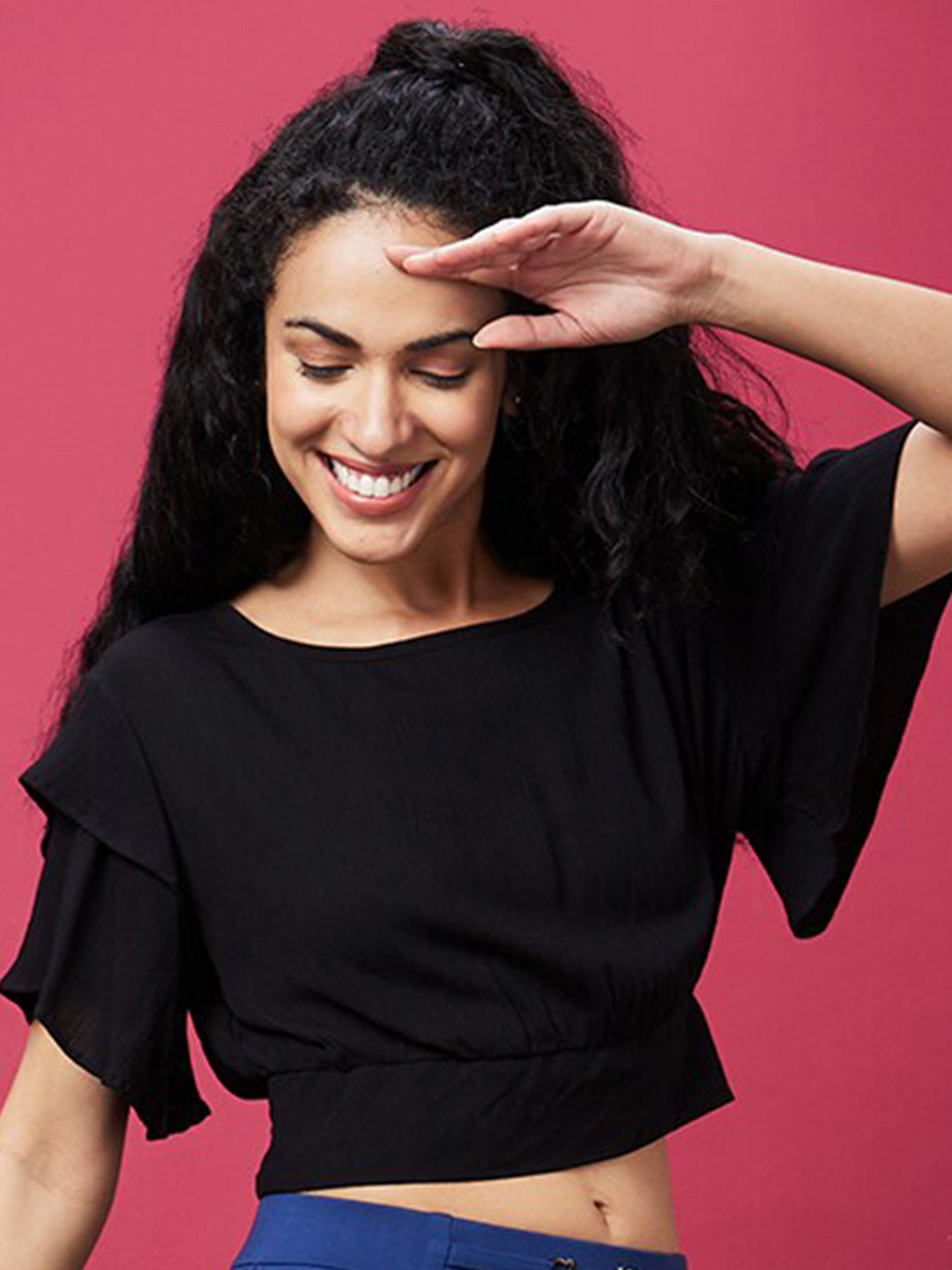 Globus Black Flared Sleeves Crop Top