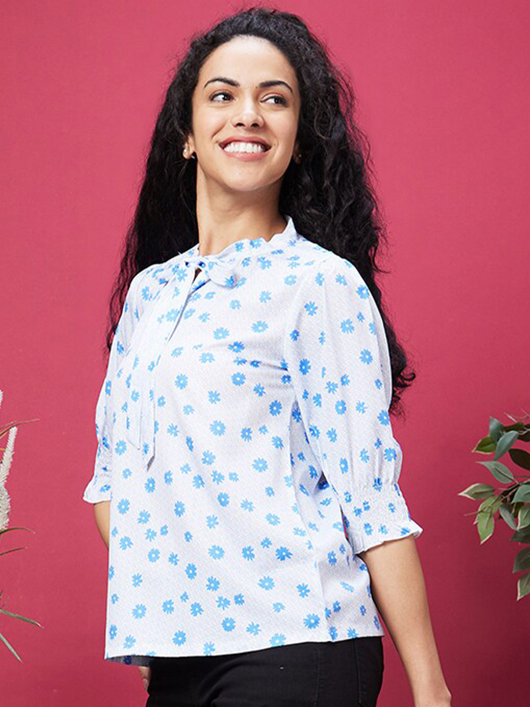 Globus White Floral Printed Tie-Up Neck Puffed Sleeves Top