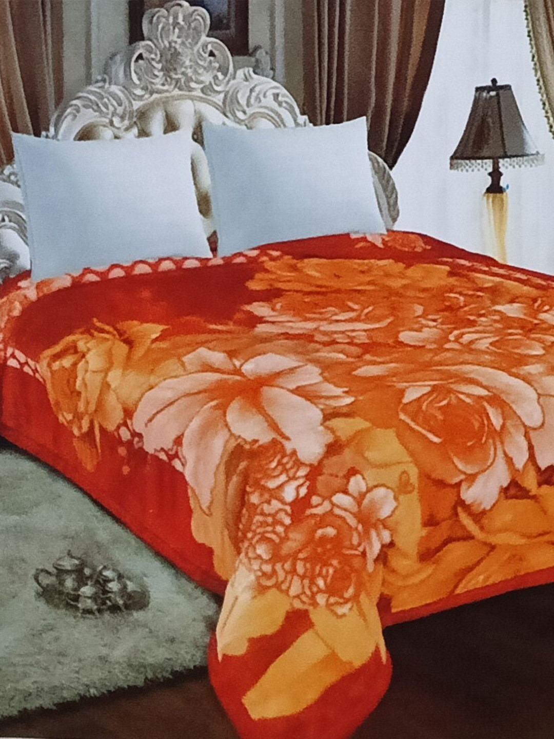 Signature Orange Floral Microfiber Heavy Winter Double Bed Blanket