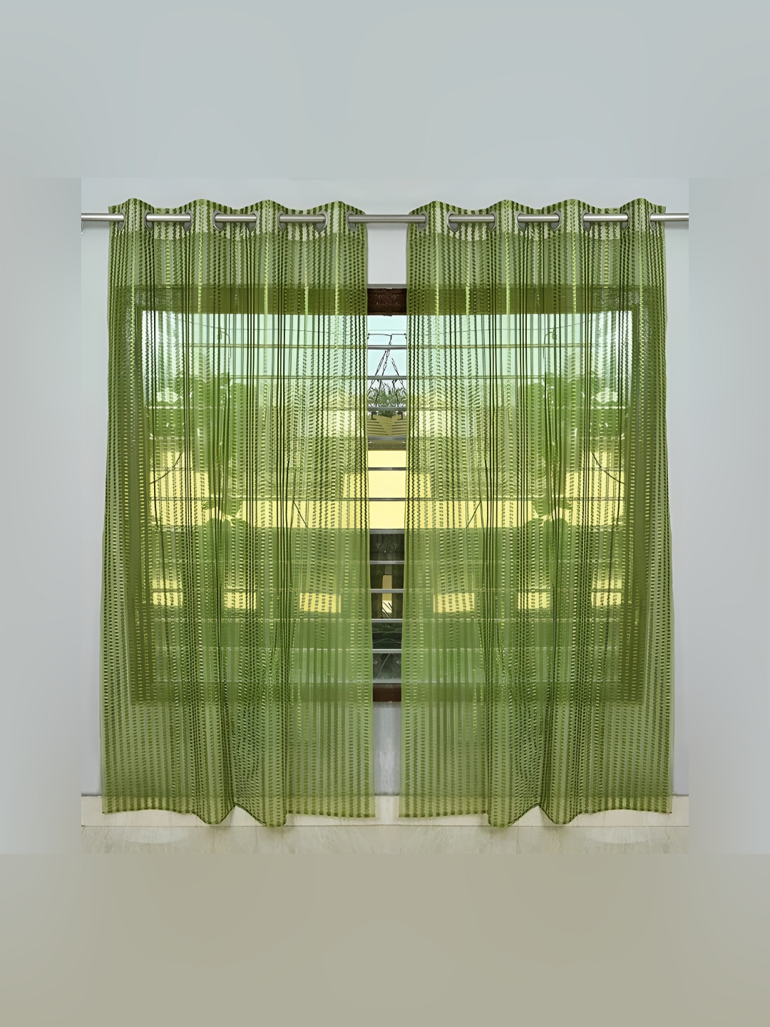 COMFY HOME Green 2 Pieces Striped Eyelet Curtains