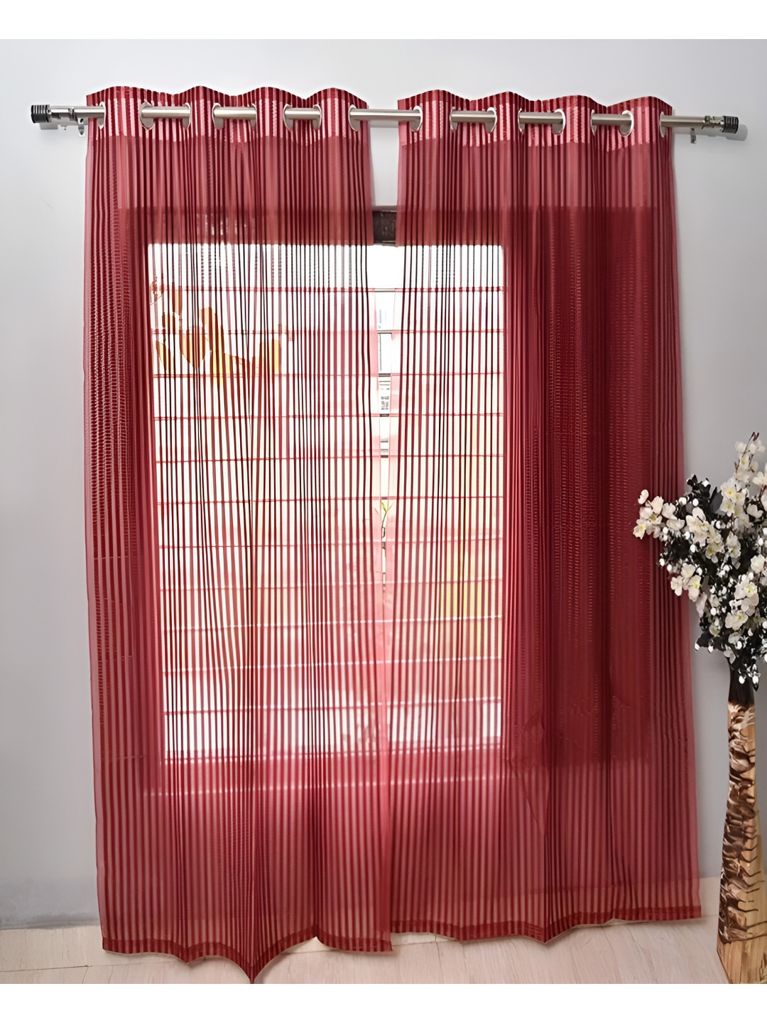 COMFY HOME Maroon 2 Pieces Striped Eyelet Curtains