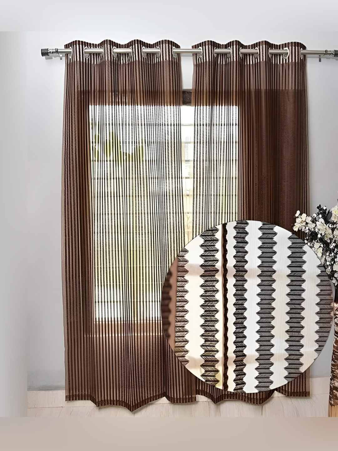 COMFY HOME Brown 2 Pieces Striped Eyelet Curtains
