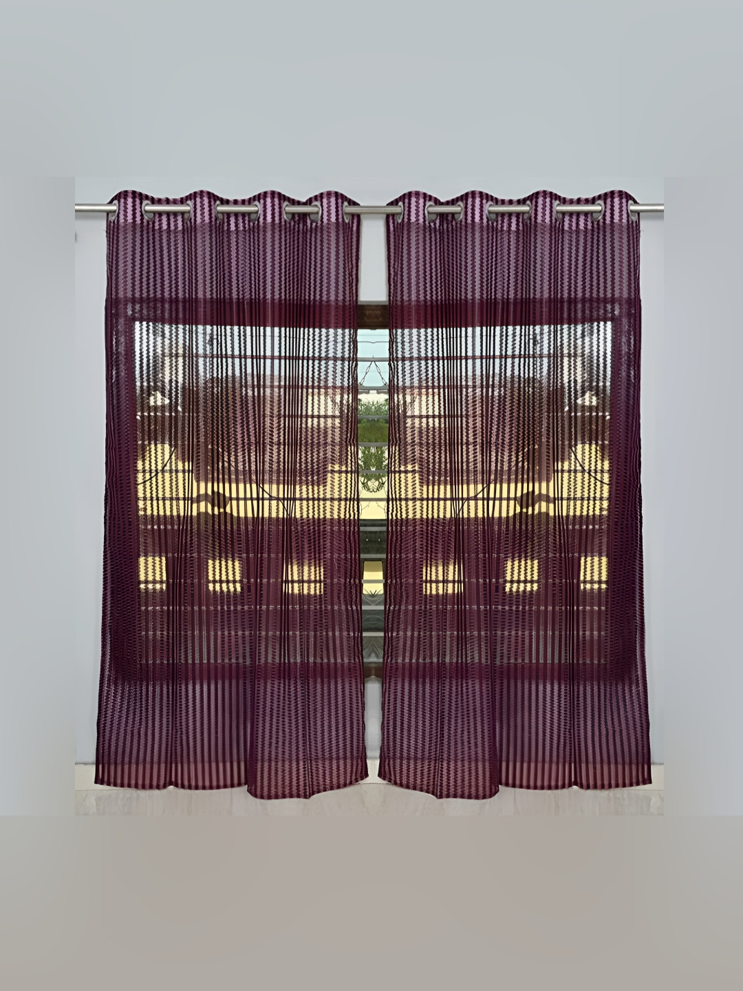 COMFY HOME Violet 2 Pieces Striped Eyelet Curtains
