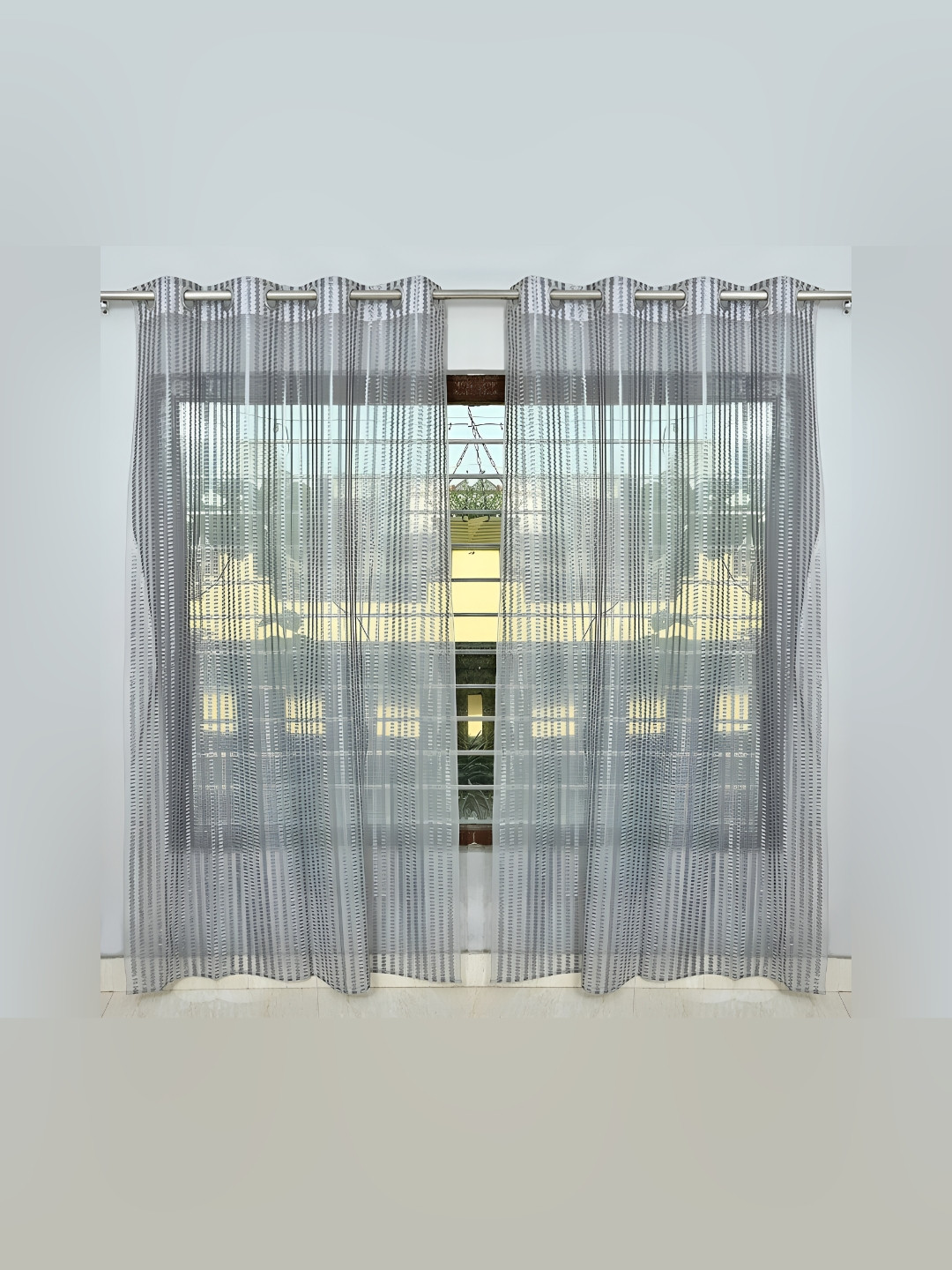 COMFY HOME Grey 2 Pieces Striped Eyelet Curtains