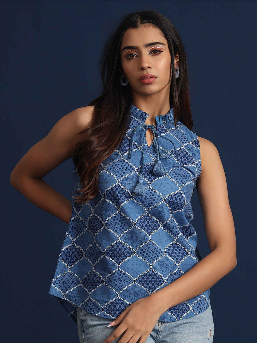 Taavi Ethnic Motif Printed Indigo High-Low Pure Cotton Top