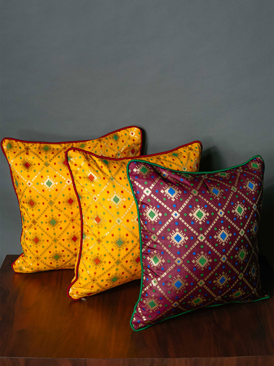 RoyalDeco Mesmerizing Ethnic Motifs Brocade Washable 3 Pcs Cushion Covers - 16 x 16 In