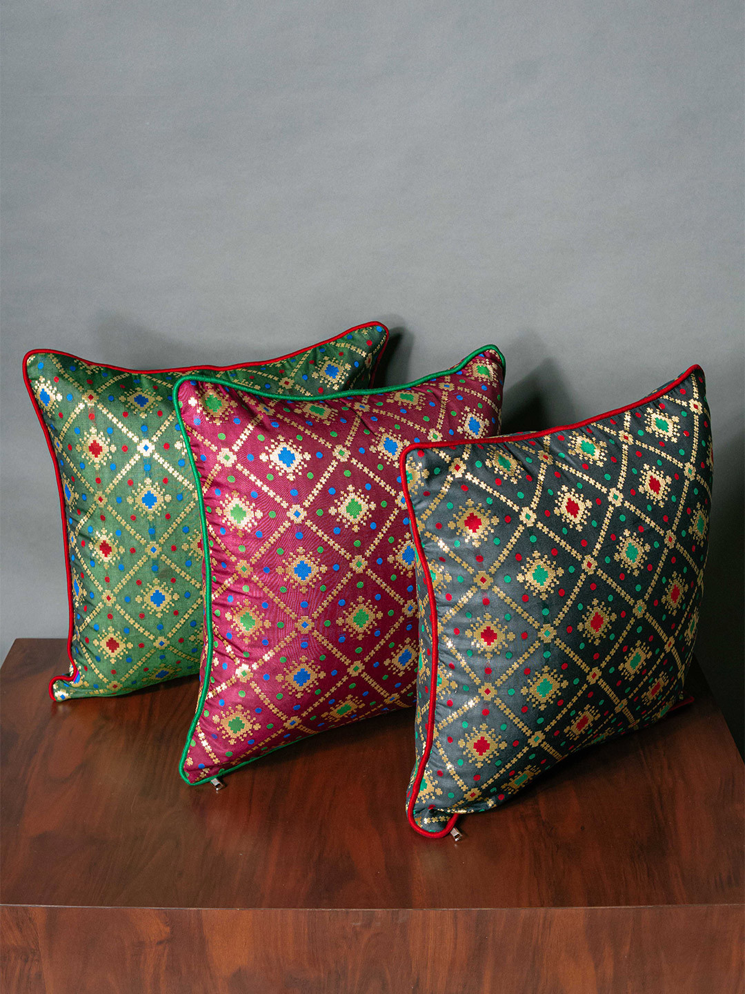 RoyalDeco Green & Maroon 3 Pieces Ethnic Motifs Brocade Square Cushion Covers