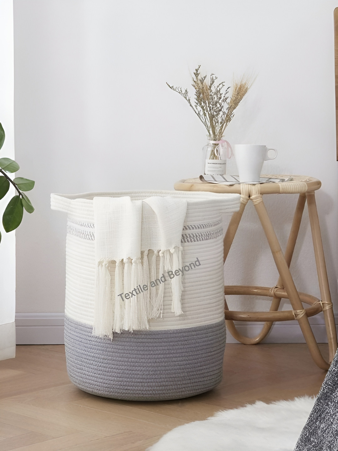 Textile and Beyond Grey & White Textured Pure Cotton Laundry Bag