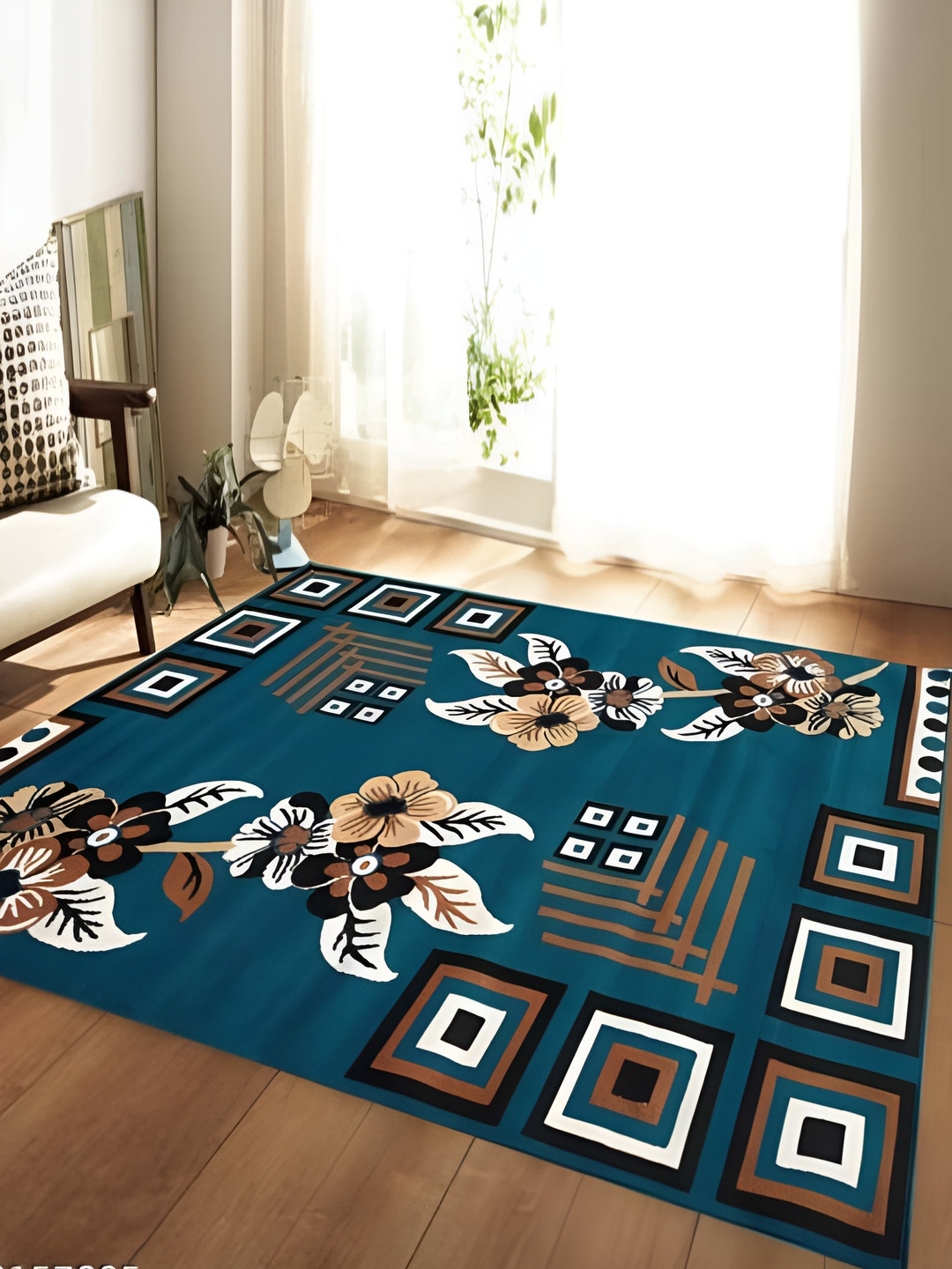 SANA CARPET Blue & Brown Floral Anti-Skid Carpet