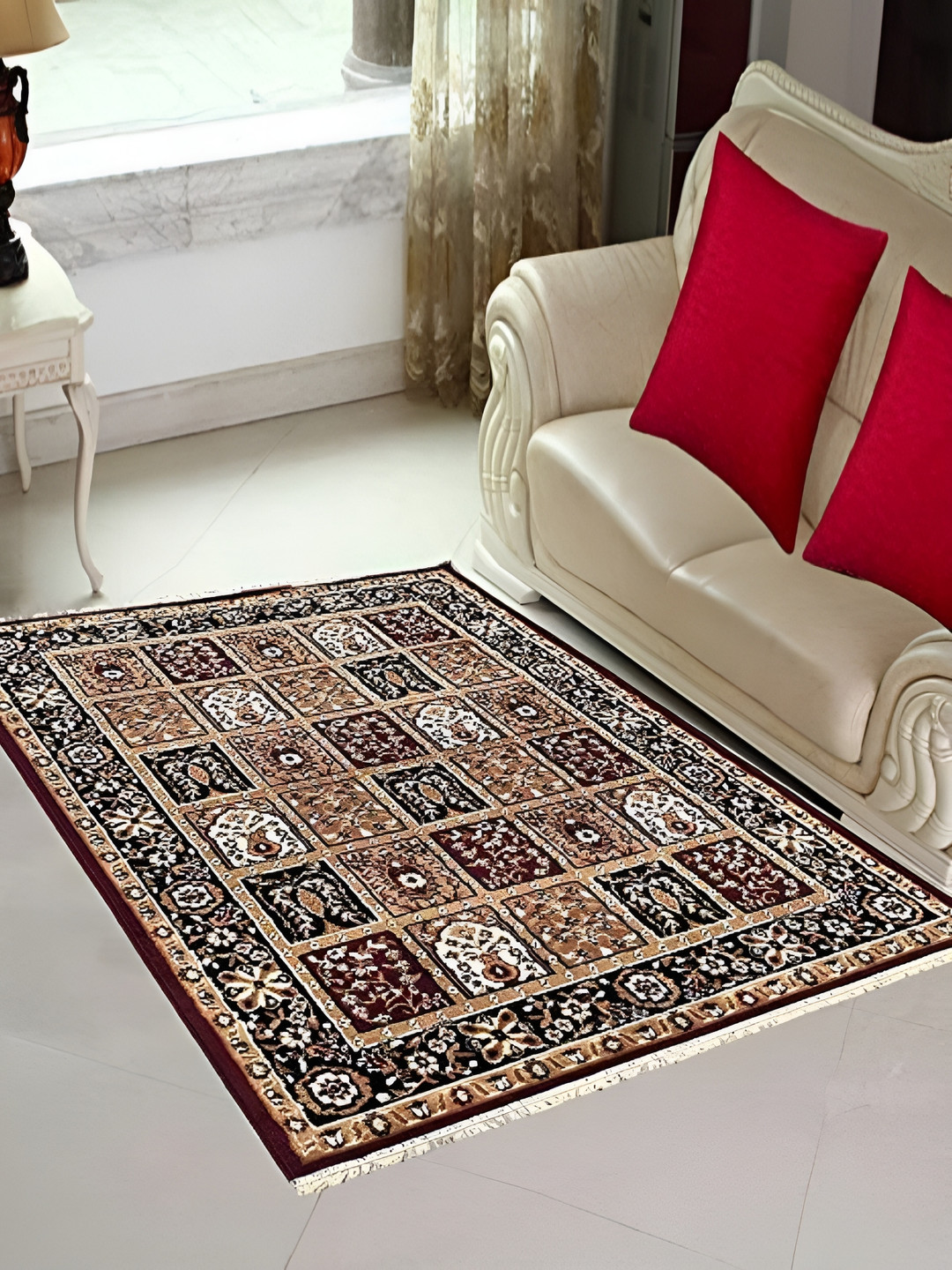 SANA CARPET Brown & Cream Floral Anti Skid Carpet