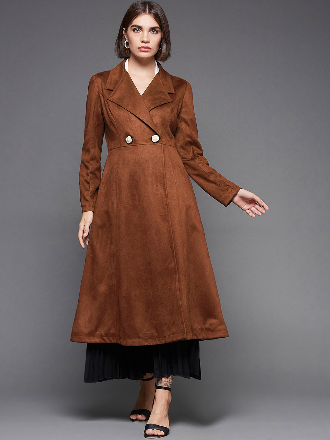 Miss Chase Notched Wide Lapel Collar Longline Double Breasted Princess Coat