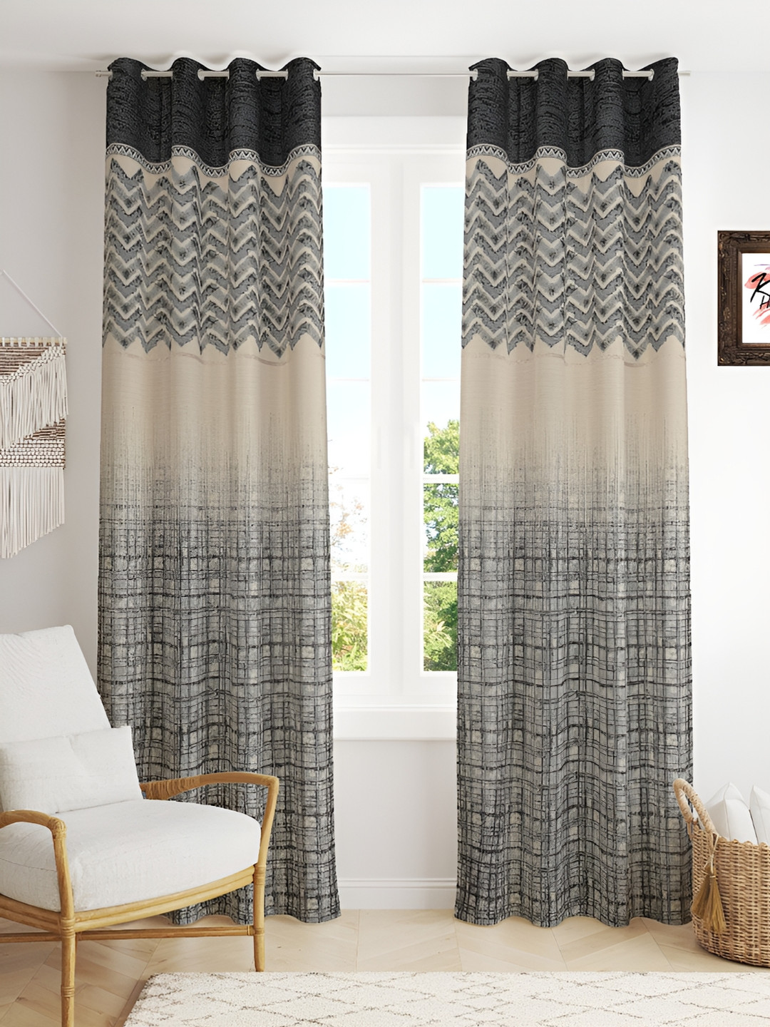Kraftiq Homes Beige & Grey 2 Pieces Room Darkening Door Curtains