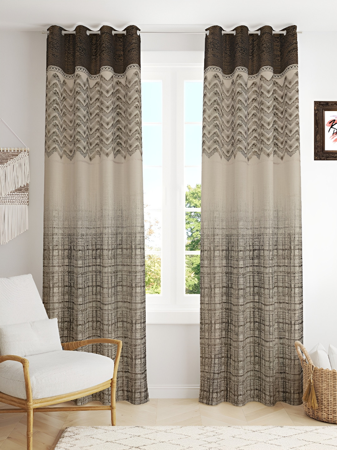 Kraftiq Homes Brown & Gold-Tonned 2 Pieces Floral Room Darkening Window Curtains