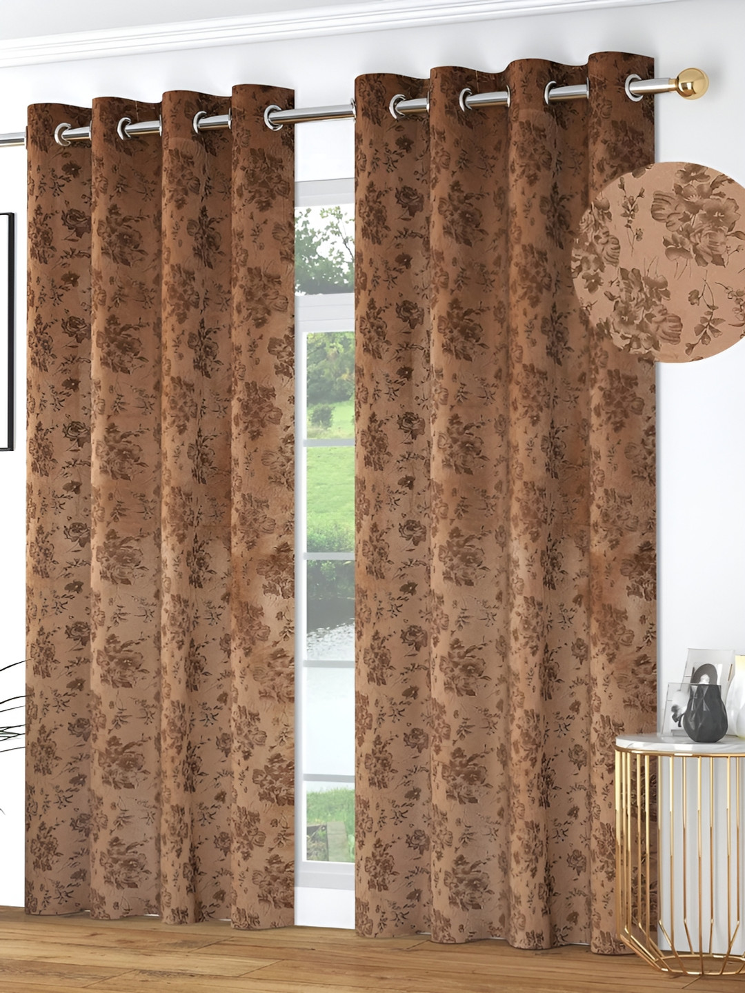 Kraftiq Homes Brown & Black 2 Pieces Room Darkening Long Door Curtains