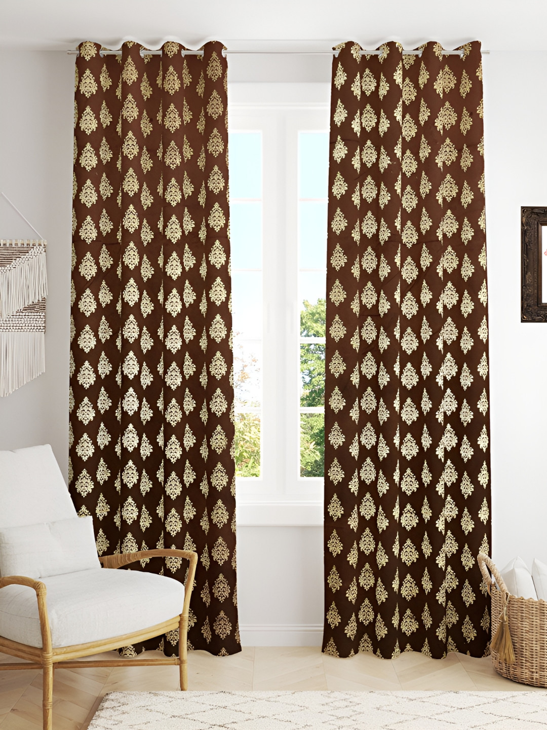 Kraftiq Homes Foil Dark Brown 2 Pcs Ethnic Motifs Velvet Room Darkening Door Curtains