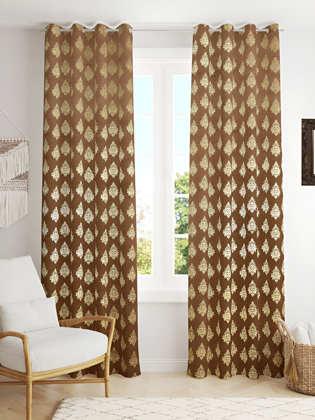 Kraftiq Homes Foil Brown 2 Pcs Ethnic Motifs Velvet Room Darkening Long Door Curtains