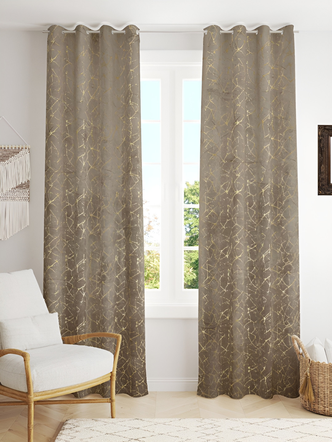 Kraftiq Homes Foil Grey 2 Pcs Geometric Velvet Room Darkening Window Curtains