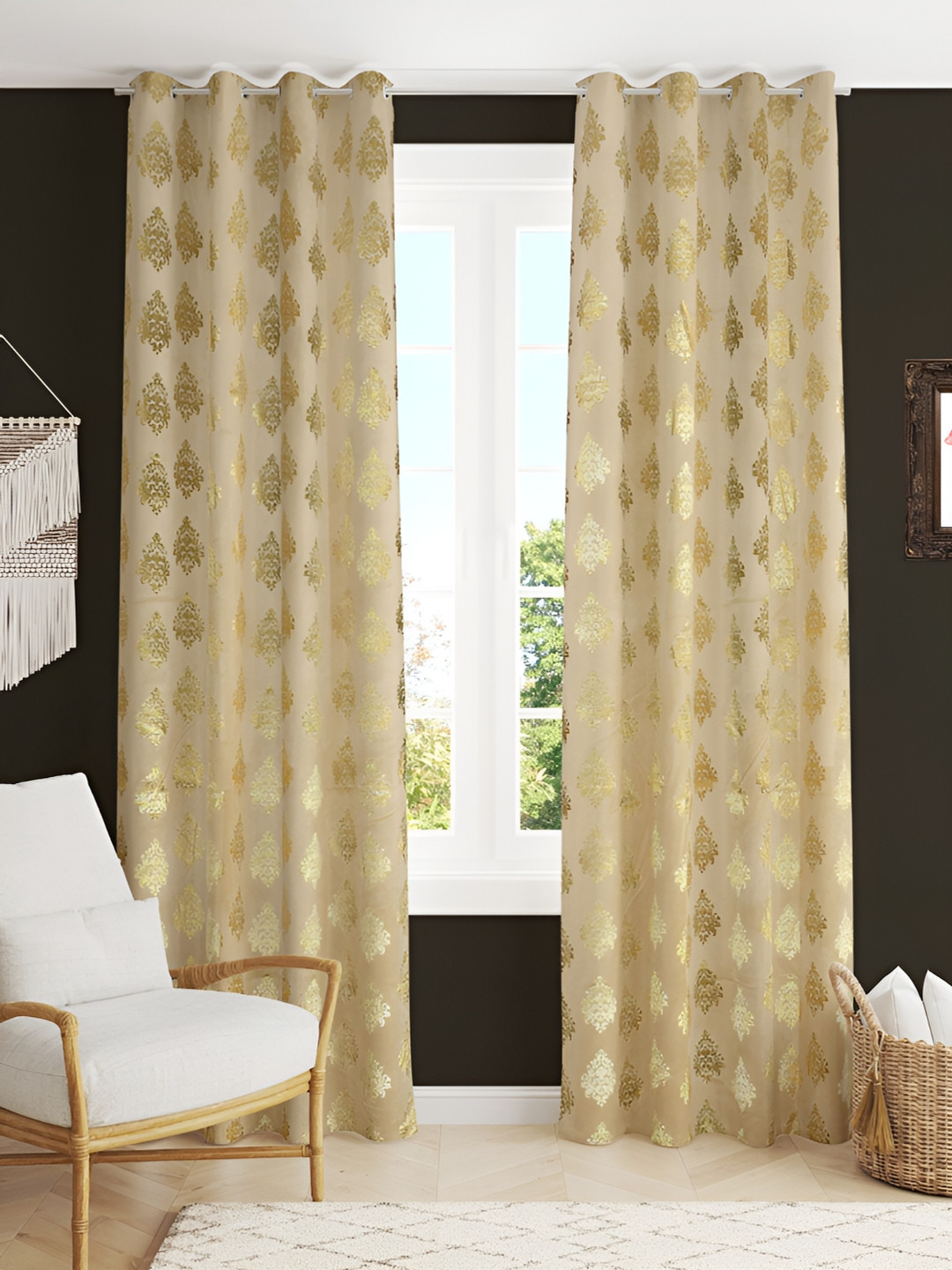 Kraftiq Homes Foil Cream 2 Pcs Ethnic Motifs Velvet Room Darkening Window Curtains