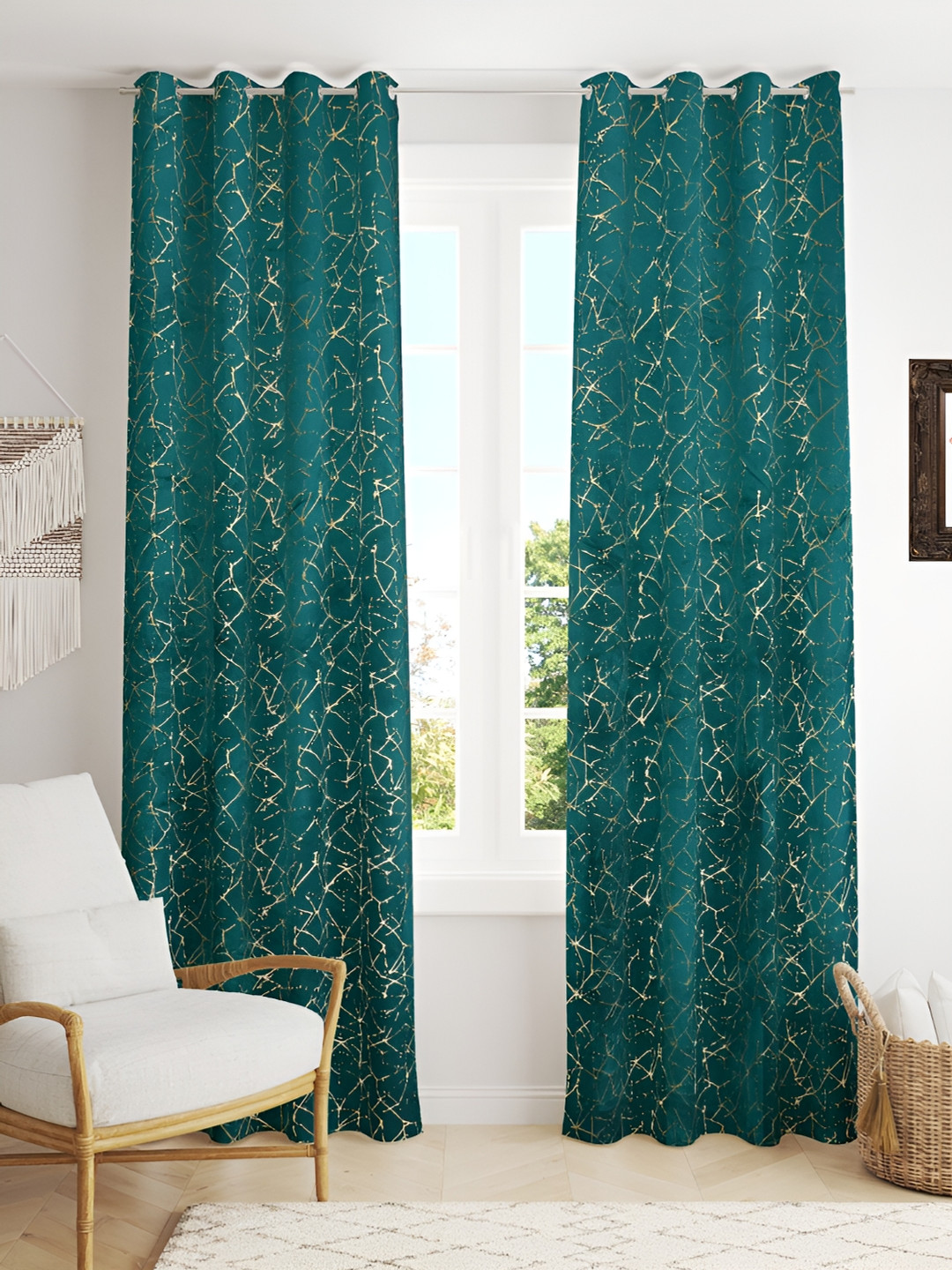 Kraftiq Homes Foil Green 2 Pcs Geometric Velvet Room Darkening Windows Curtains