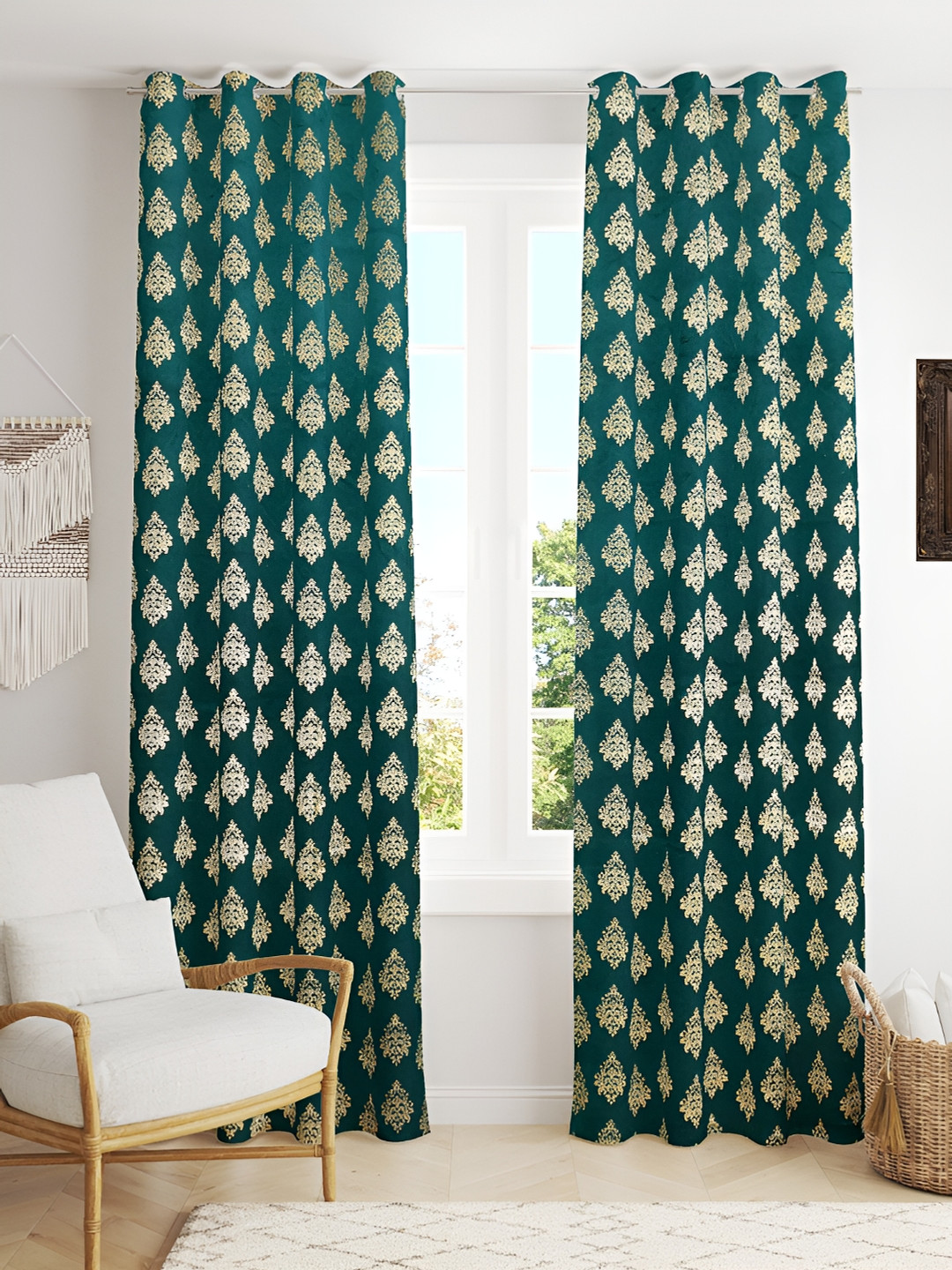 Kraftiq Homes Foil Green 2 Pcs Ethnic Motifs Velvet Room Darkening Window Curtains