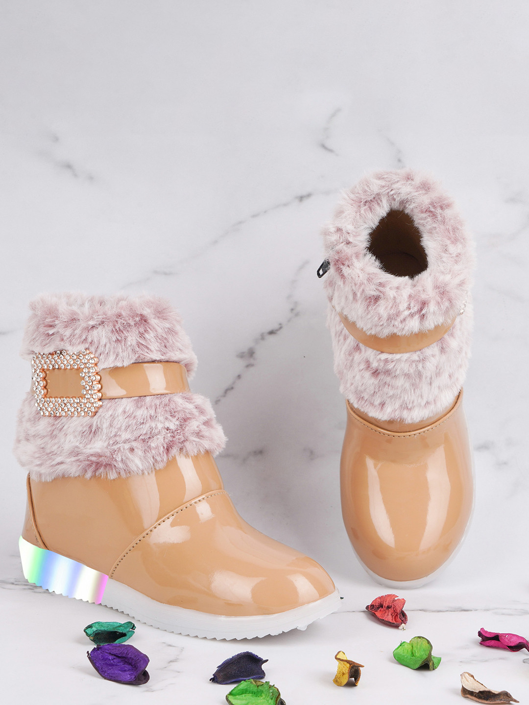 BAESD Girls Buckle Embellished Faux Fur Trim LED Light Anti-Skid Sole Mid-Top Winter Boots