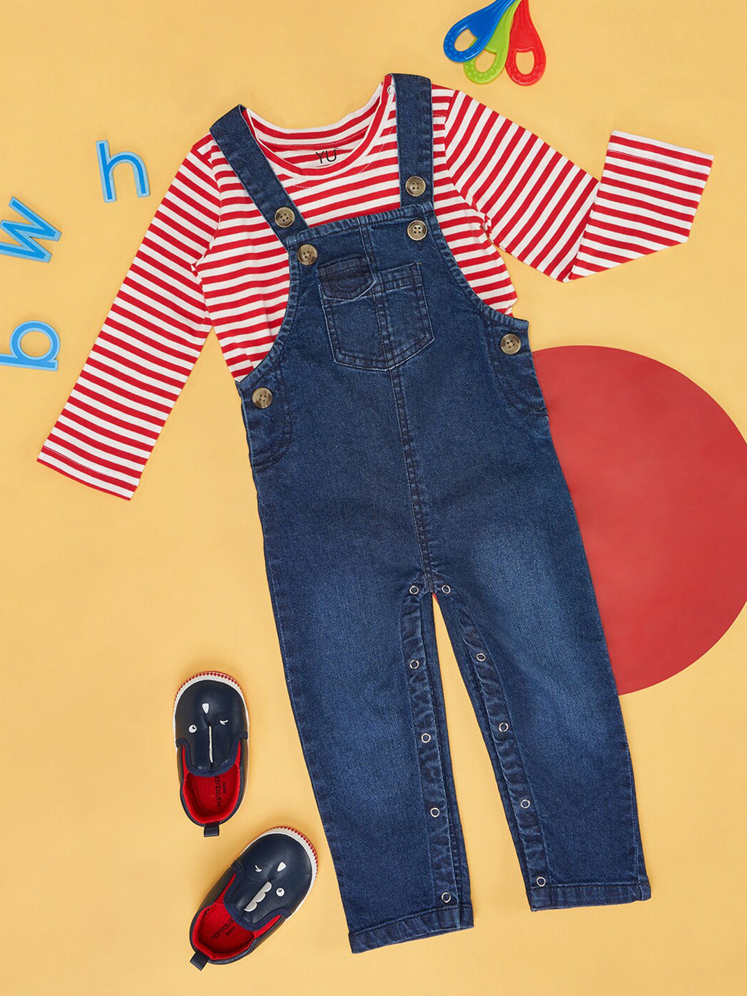 YU by Pantaloons Kids Straight Leg Cotton Dungaree With Striped T-Shirt