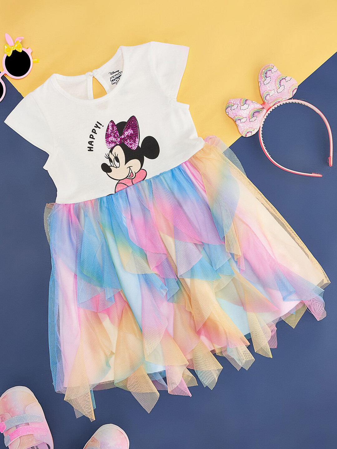 Pantaloons Baby Girls Minnie Mouse Printed Sequined Cotton Fit & Flare Dress