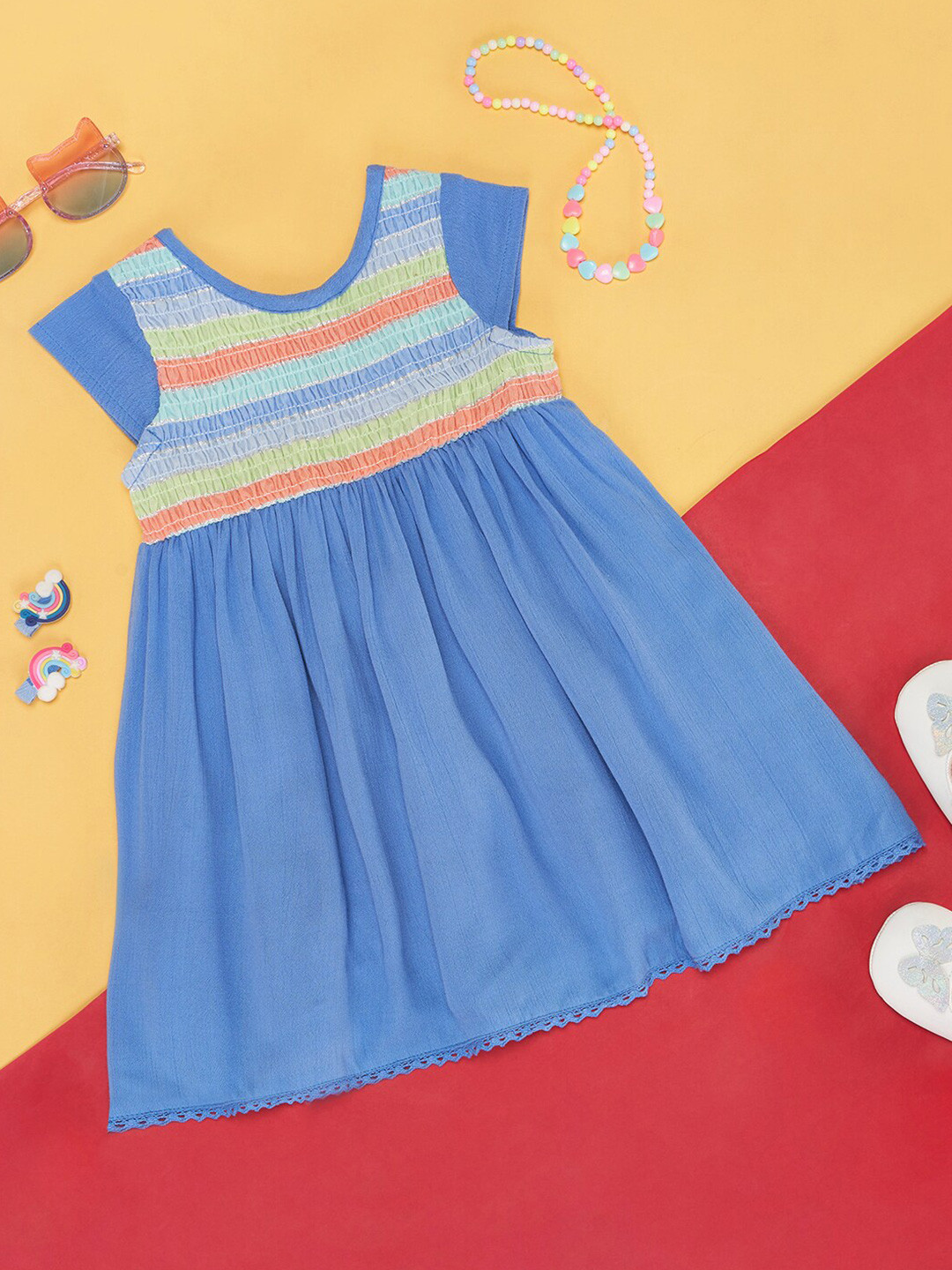 Pantaloons Baby Infant Girls Colourblocked Cap Sleeves Smocked Cotton A-Line Dress