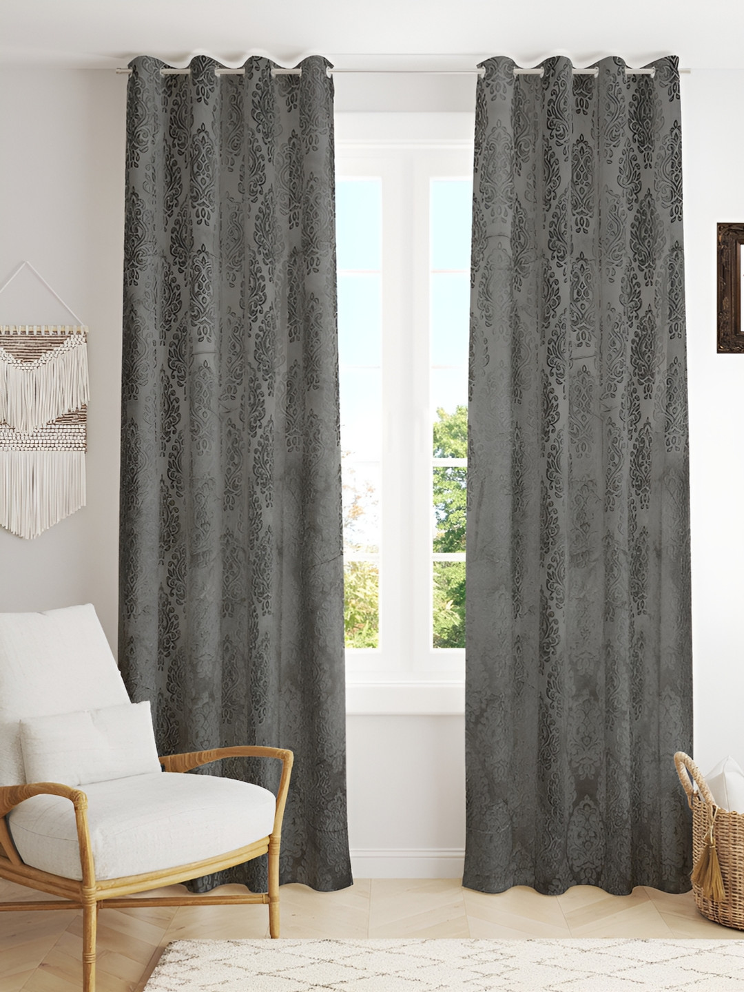 Kraftiq Homes Burnout Velvet Grey 2 Pieces Room Darkening Window Curtain