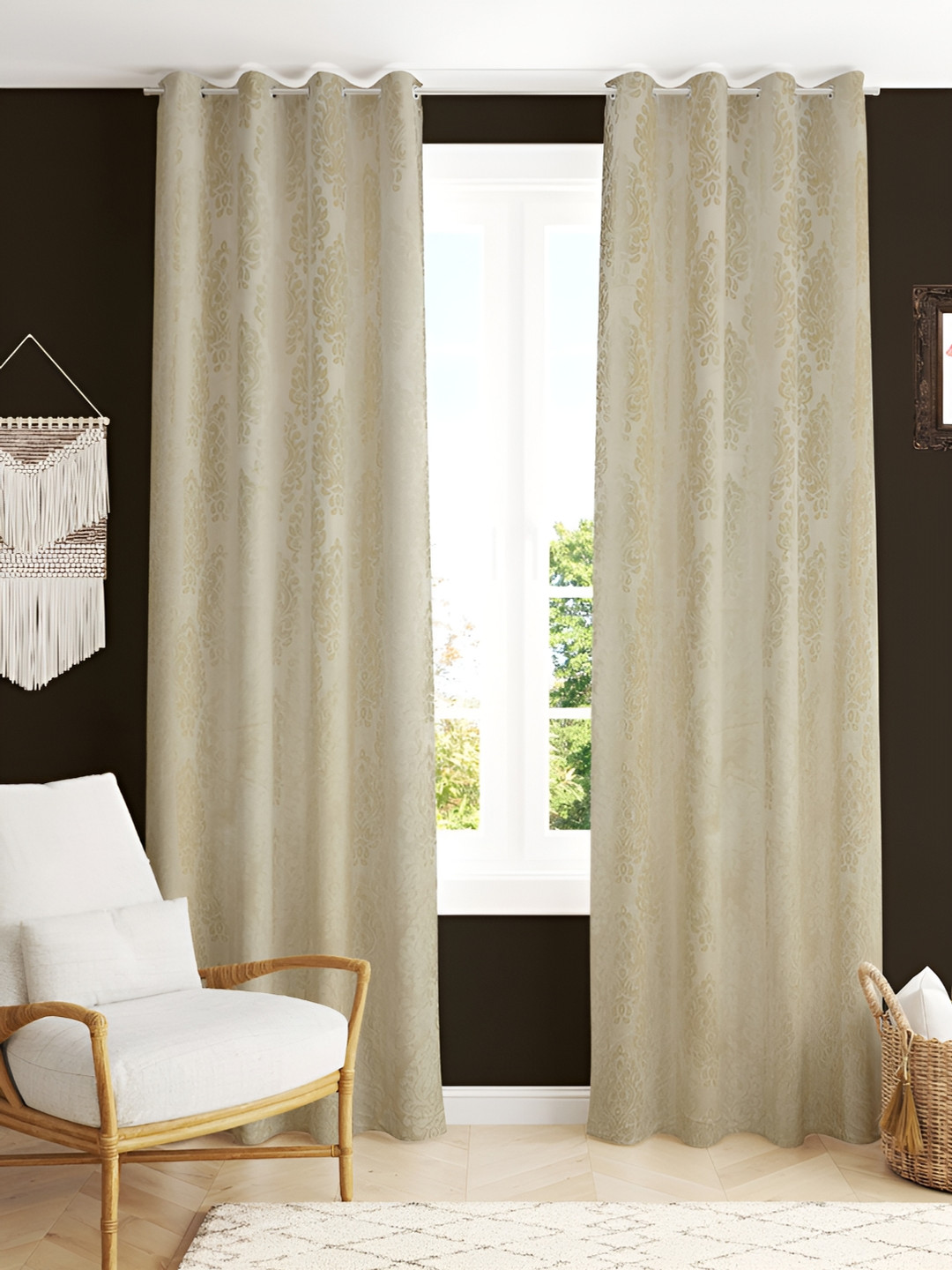 Kraftiq Homes Burnout Cream 2 Pieces Velvet Self Design Room Darkening Window Curtains
