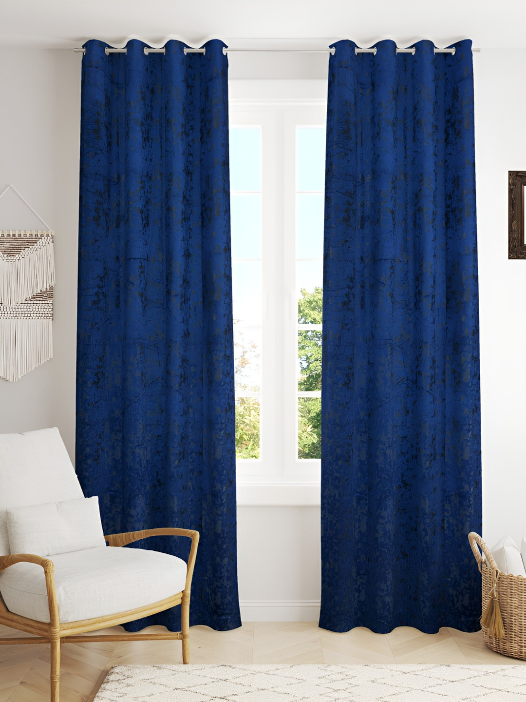 Kraftiq Homes BurnOut Blue 2 Pieces Self Design Velvet Room Darkening Window Curtain