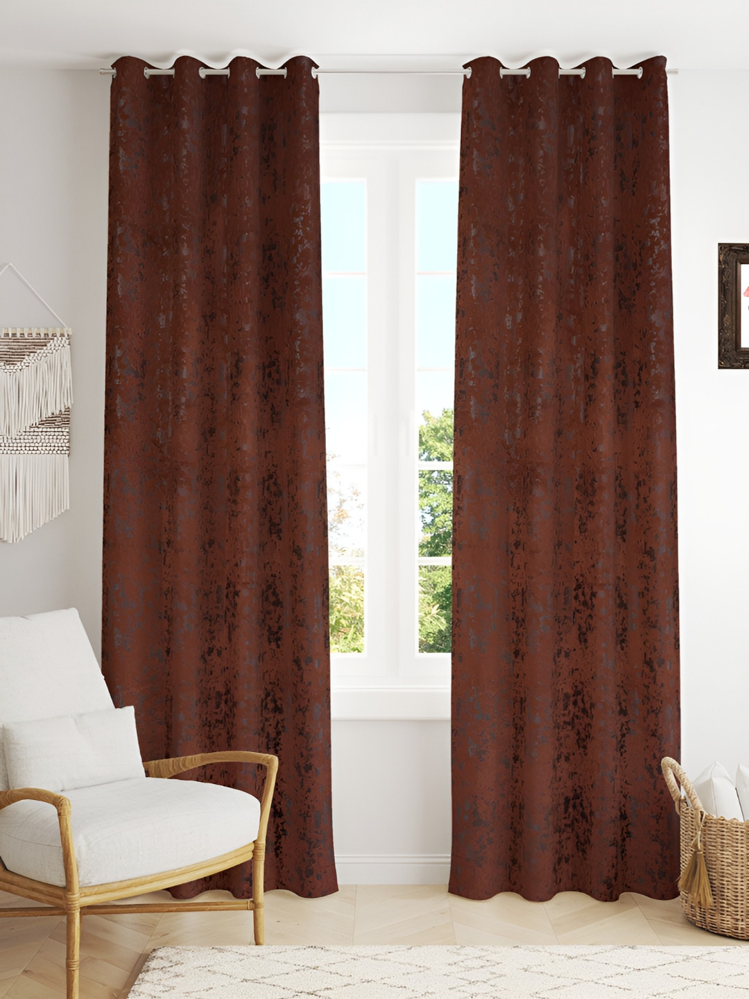 Kraftiq Homes BurnOut Brown 2 Pieces Self Design Room Darkening Door Curtain