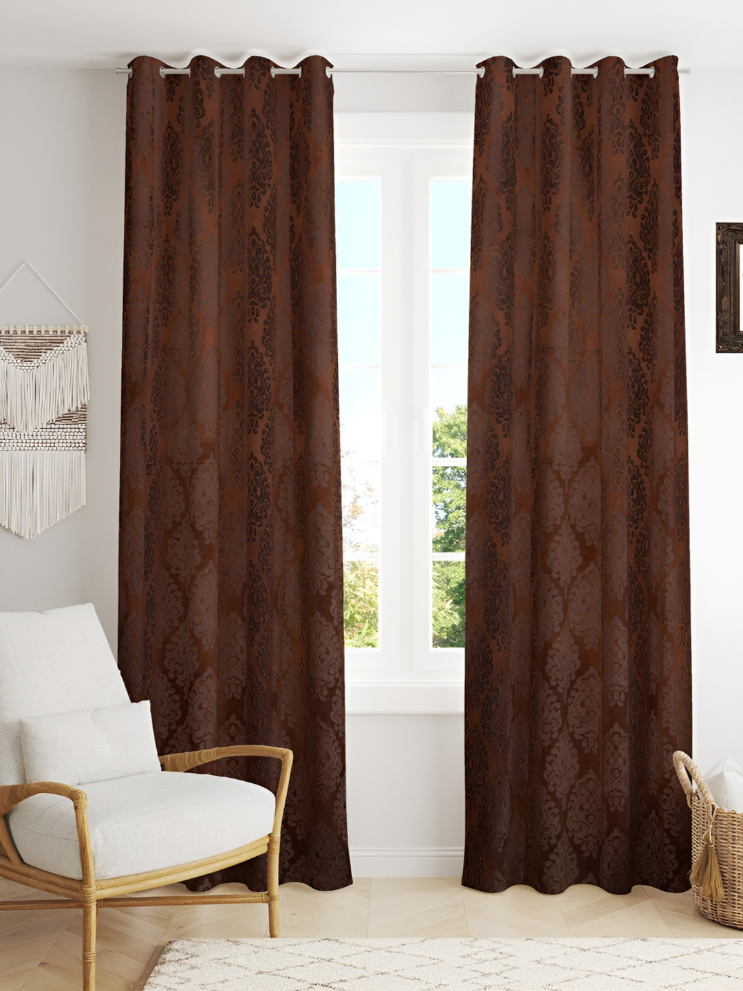 Kraftiq Homes Burnout Brown 2 Pieces Self Design Velvet Room Darkening Window Curtains