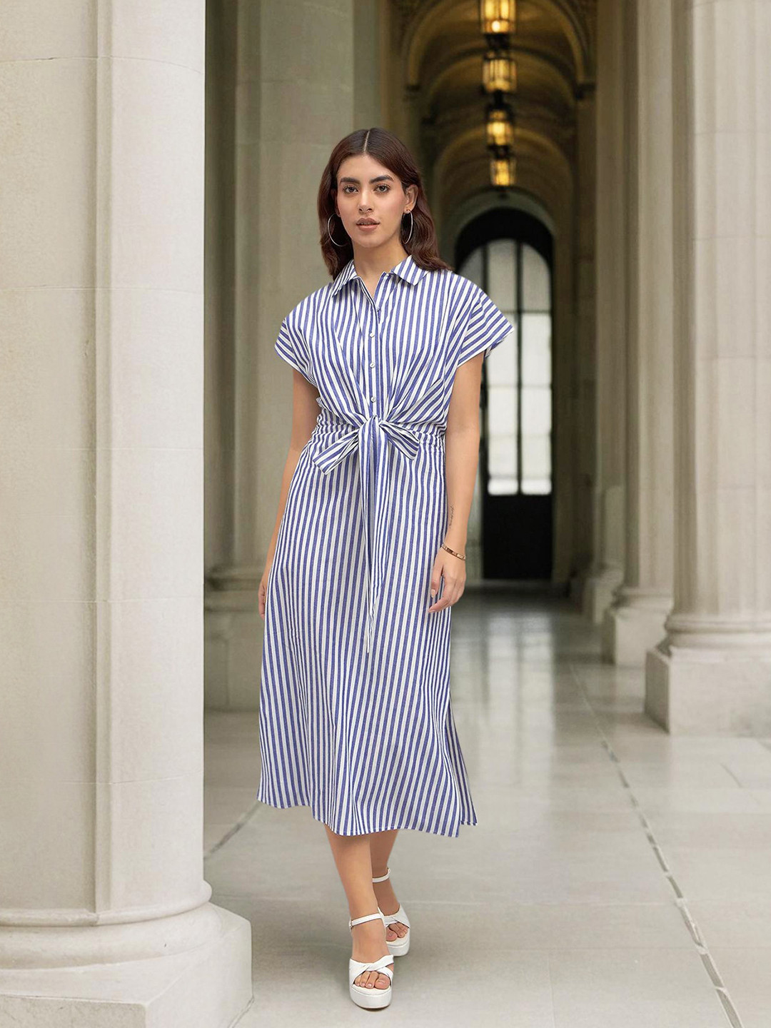 DL Woman Striped Shirt Style Midi Dress