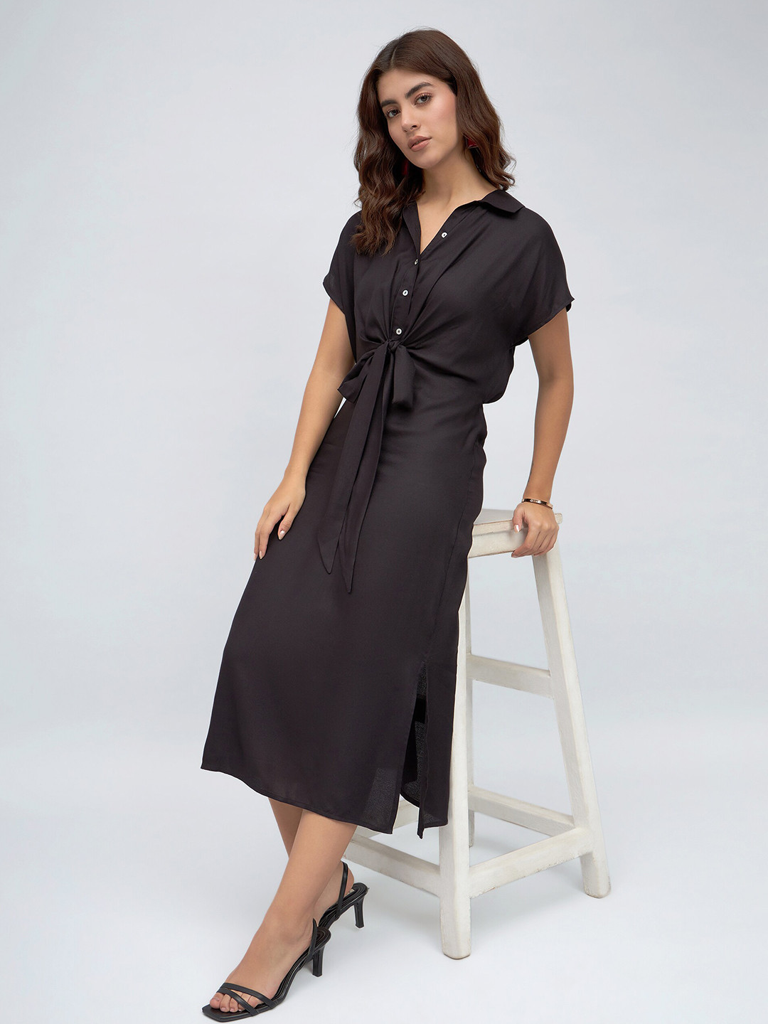 DL Woman Shirt Collar Tie Ups Shirt Dress