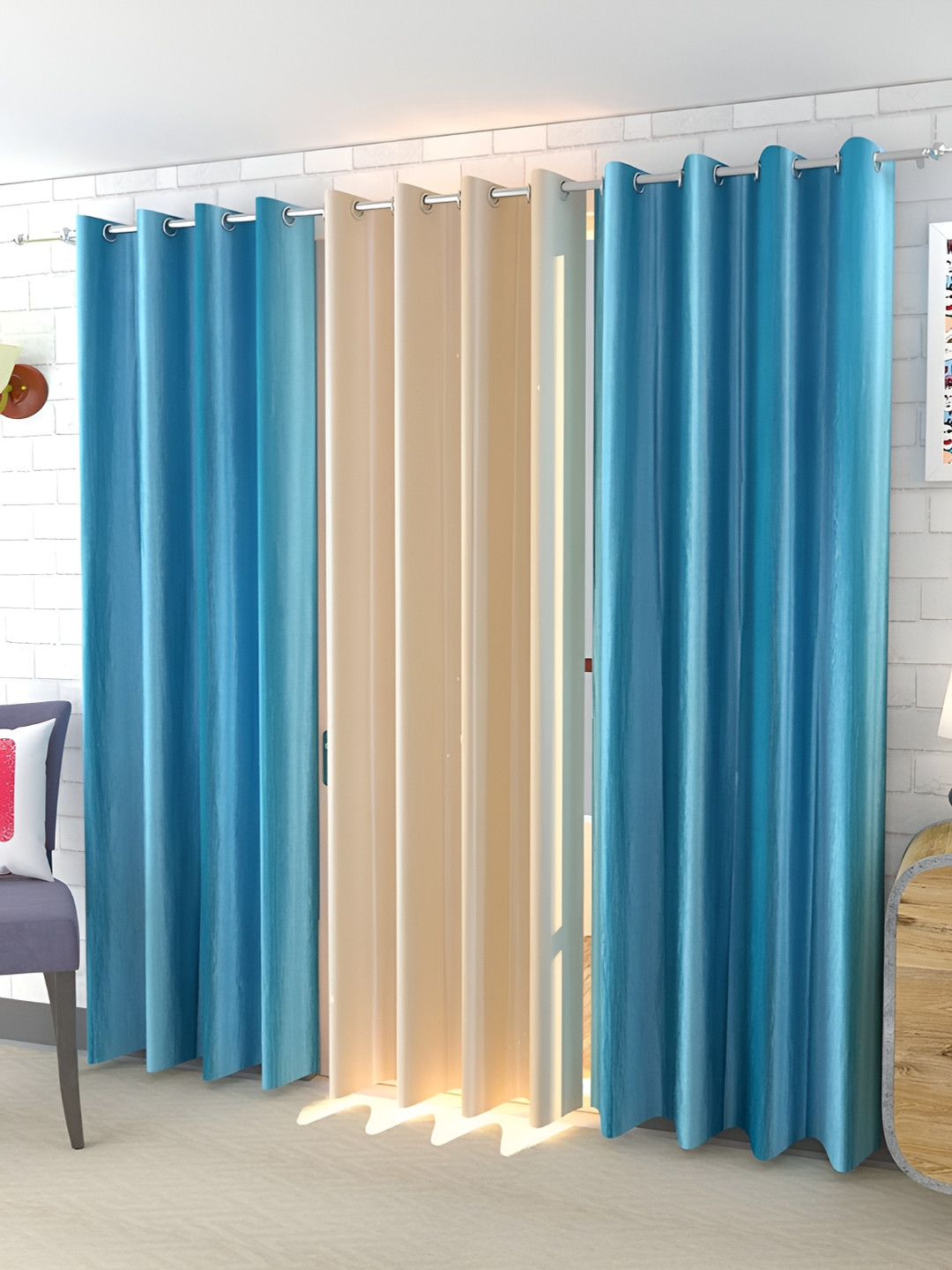 Kraftiq Homes Royal-Crush Beige & Blue 3 Pieces Regular Door Curtains