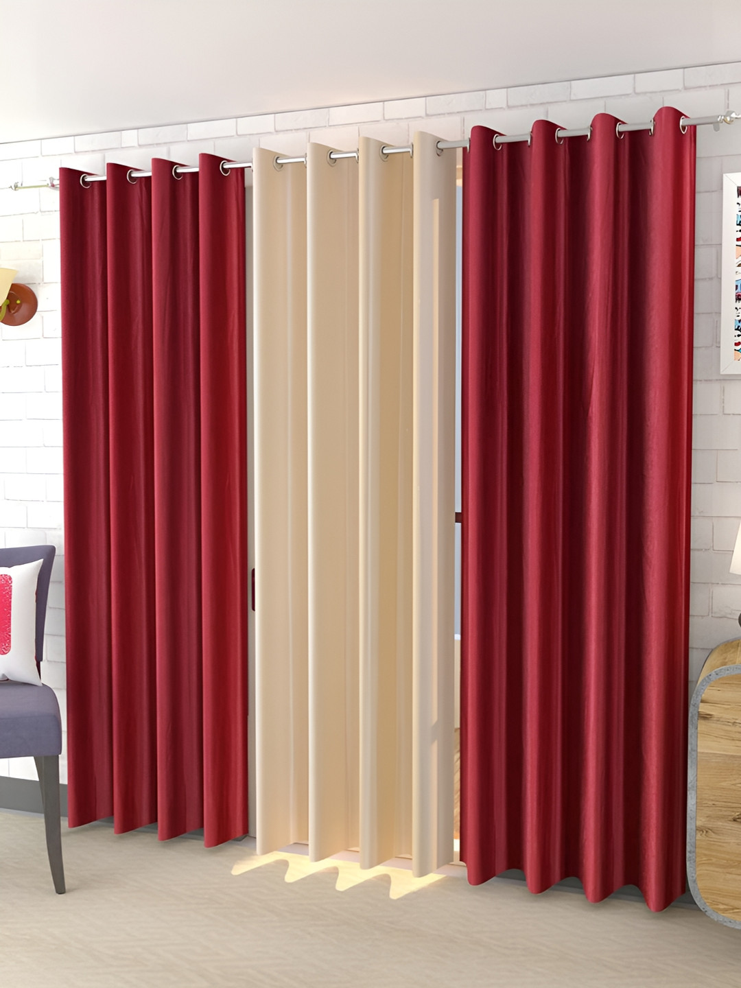 Kraftiq Homes Red & Beige 3 Pcs Abstract Room Darkening Door Curtain