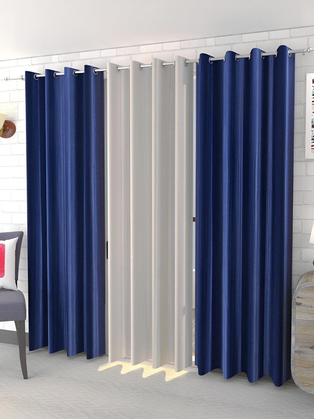 Kraftiq Homes Royal Crush Blue & Beige 3 Pieces Regular Long Door Curtains