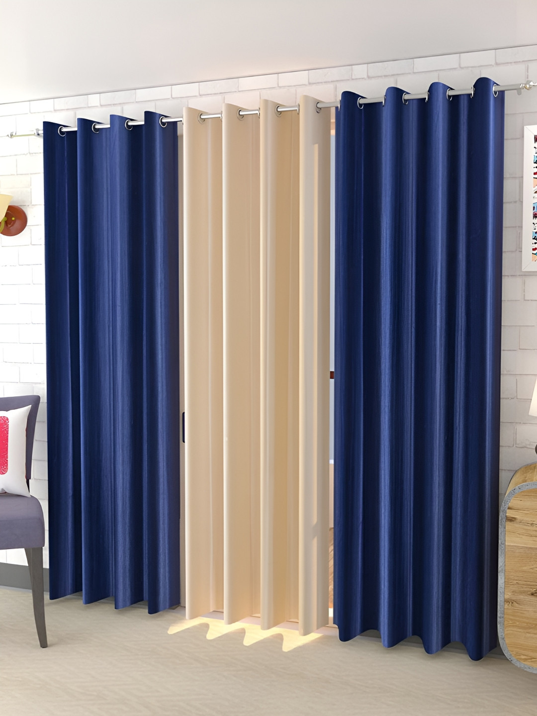 Kraftiq Homes Royal Crush Blue & Beige 3 Pieces Window Curtains
