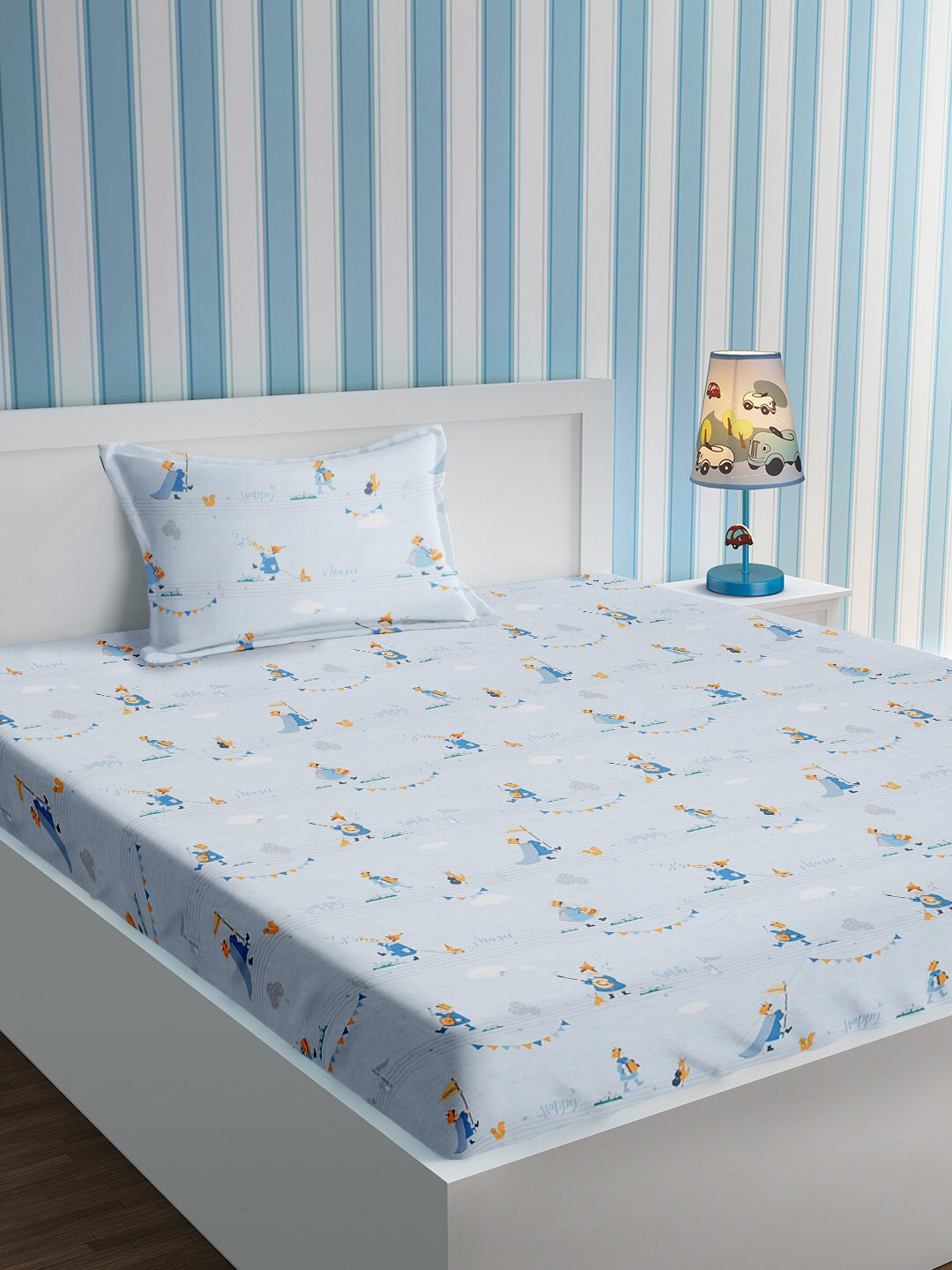 URBAN DREAM Majestic Blue Conversational Cotton 210 TC Single Fine Bedsheet with a Pillow Cover-150 x 230 cm