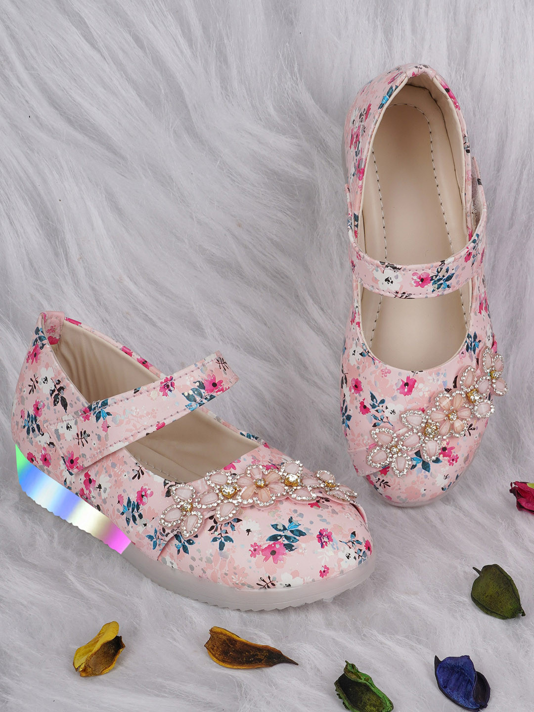 BAESD Girls Pink Printed Party Mary Jane with Laser Cuts Flats