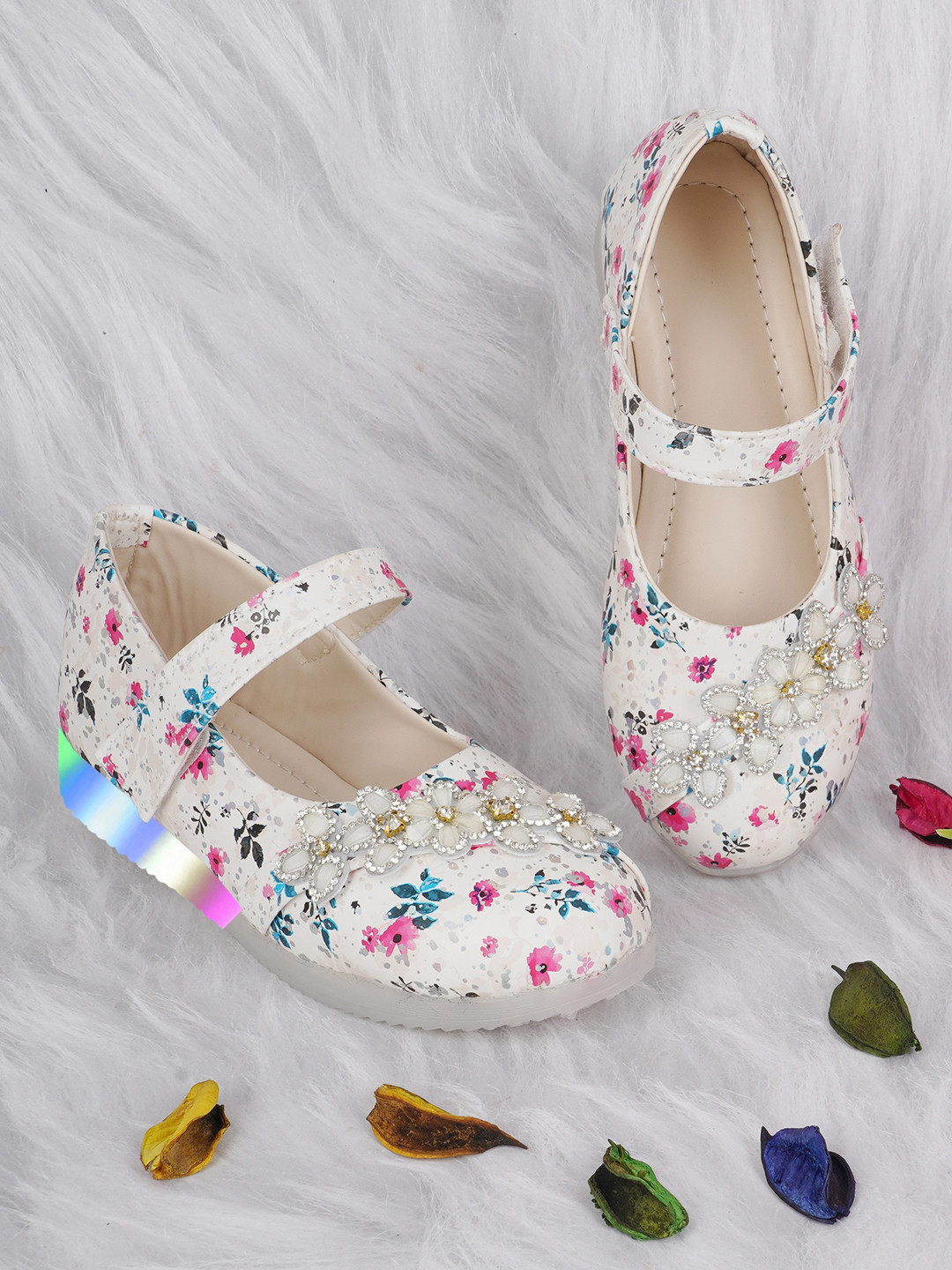 BAESD Girls White Printed Party Mary Jane with Laser Cuts Flats