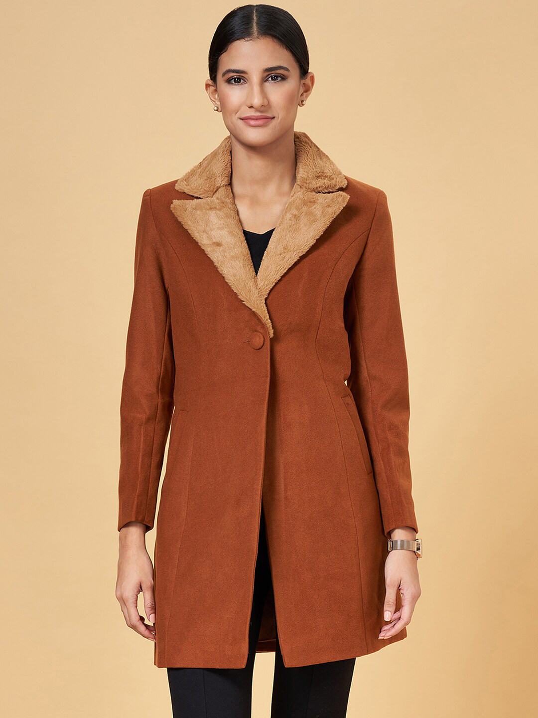 Annabelle by Pantaloons Notched Lapel Collar Faux Fur Trim Longline Parka Coat