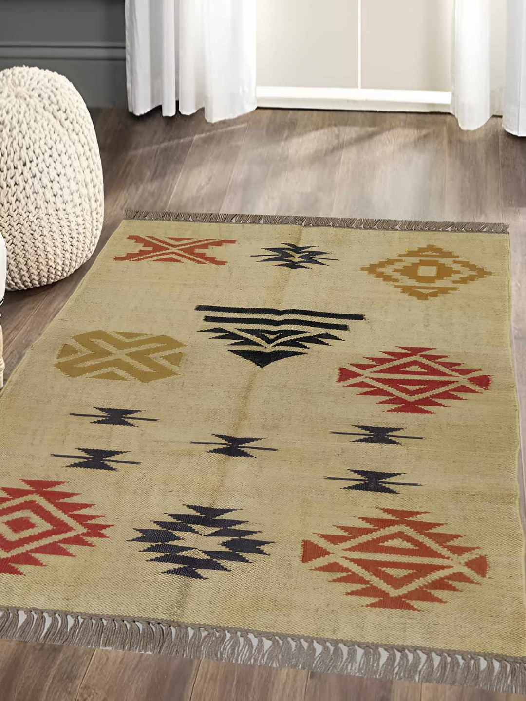 Budhrajrugs Beige & Red Jute Geometric Rectangular Dhurrie