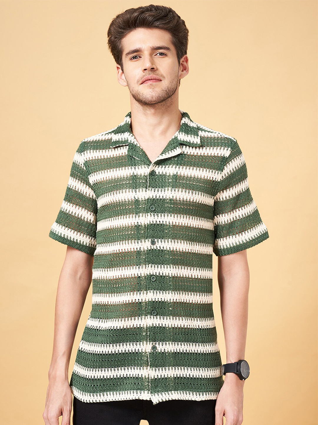 People Striped Cotton Casual Crochet Shirt